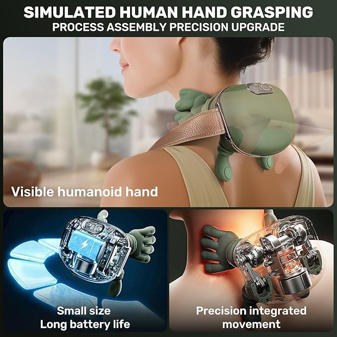 Bionic Heated Massager Master Tissue Shiatsu Electric Massage for ShoulderMassage Neck with 4D Kneading Ergonomic Hand-Like Design for Deep Tissue Pain Relief (Green)