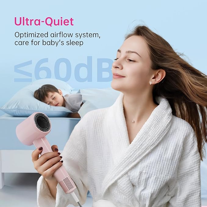 Ionic Hair Dryer 110000 RPM High-Speed BLDC Motor Fast Drying Blow Dryer with Negative Ion Technology 8 Heat &amp Speed Modes for Curly Thick &amp Fine Hair Low Noise Lightweight Baby Pink