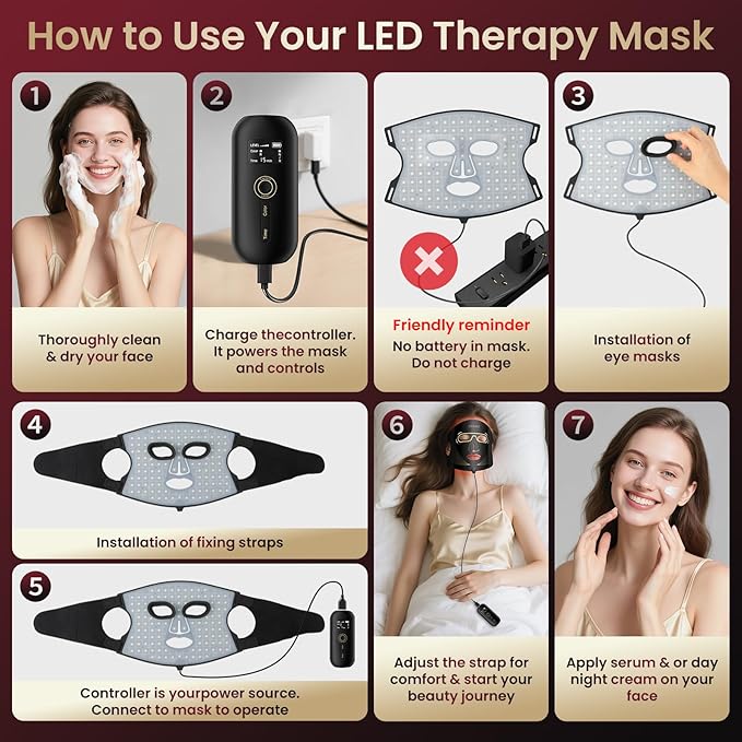 Red Light Therapy Mask for Face–7 Light Modes &amp 5 Levels with 850nm NIR Red &amp Blue LED Light Therapy for Anti-Aging Wrinkles &amp Acne–432 LEDs Full FaceCordless &amp Rechargeable for Hom