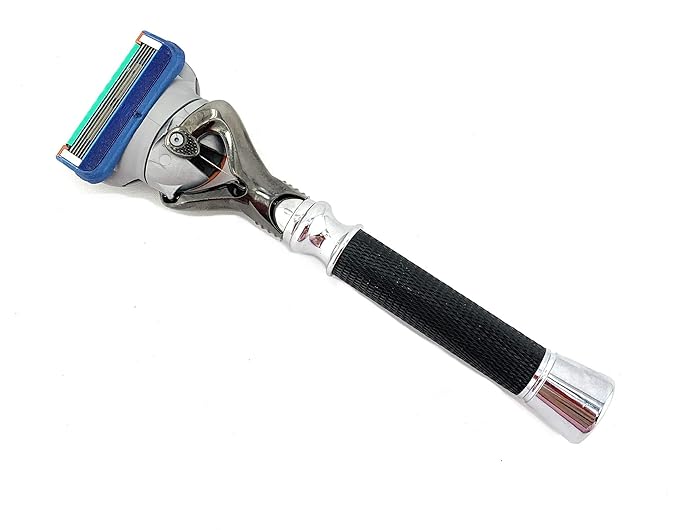 G.B.S Men's Grooming Deluxe Razor Anti Slip Long Textured Handle Stainless Chrome Gunmetal Black