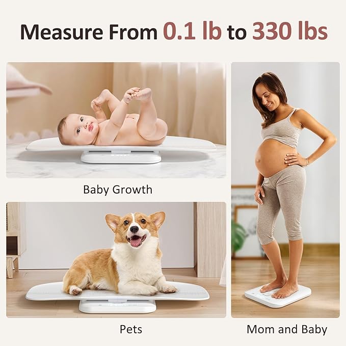 Baby Scale Multifunctional Baby Weight Scale Pet Scale for Puppy Cat Adult Scale Up to 330lbs Accurate Digital Scale with Hold Function 27-inch Height Measurement 5 Units LED Screen