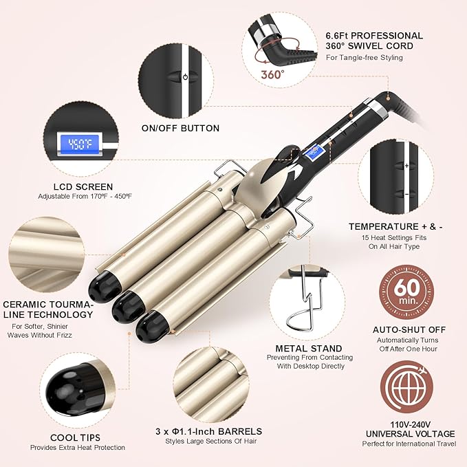 Three Barrel Curling Iron 1.1 Inch for Soft Mermaid Waves AIMERVO Hair Crimper 15 Adjustable Heat Settings with LCD Temperature Display Tourmaline Ceramic Deep Waver Includes Heat Resistant Glove