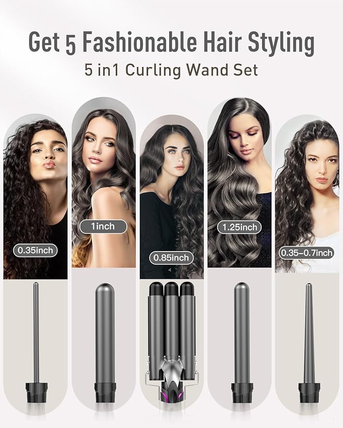 BESTOPE PRO 5 in 1 Curling Wand Set - 3 Barrel Hair Crimper Fast Heating Ceramic Curling Iron - Gray