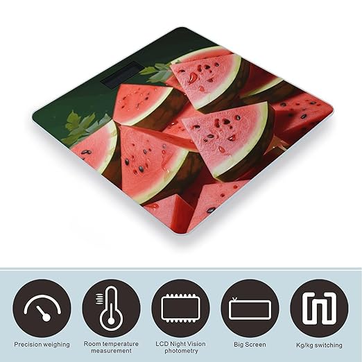 Ripe Watermelon Slice Seeds Scale for Body Weight Anti-Slip Tempered Glass Digital Bathroom Scales Clear LCD Display Weighing Scale Safe Rounded Corners Smart Scales
