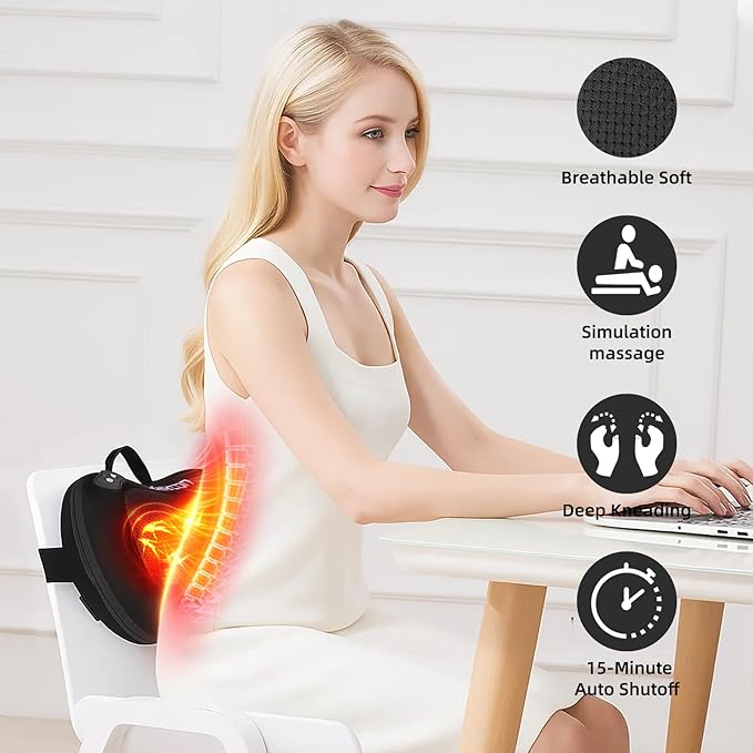 Shiatsu Back Massager for Pain Relief Deep Tissue with Heat Cordless Portable Back and Neck Massager 3D Kneading Lower Back Electric Massage Pillow for Holiday Gifts for Men Women