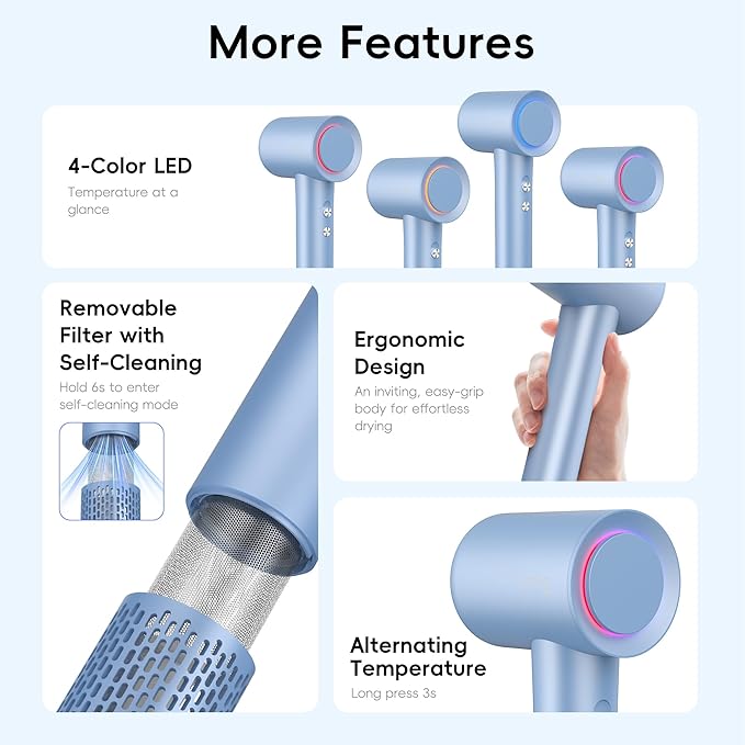 Hair Dryer TurboLux Ionic 200 Million Negative Ions 1500W Fast Drying High Speed Hairdryer with Diffuser Lightweight Low Noise Hair Dryers for Women with 110000 RPM Brushless Motor (Steel Blue)