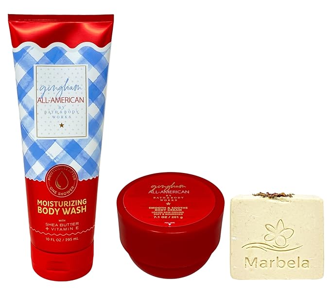 Bath &amp Body Works Gingham All-American Moisturizing Body Wash and Smooth &amp Soothe Body Cream with a Creamy Rose Bar Soap
