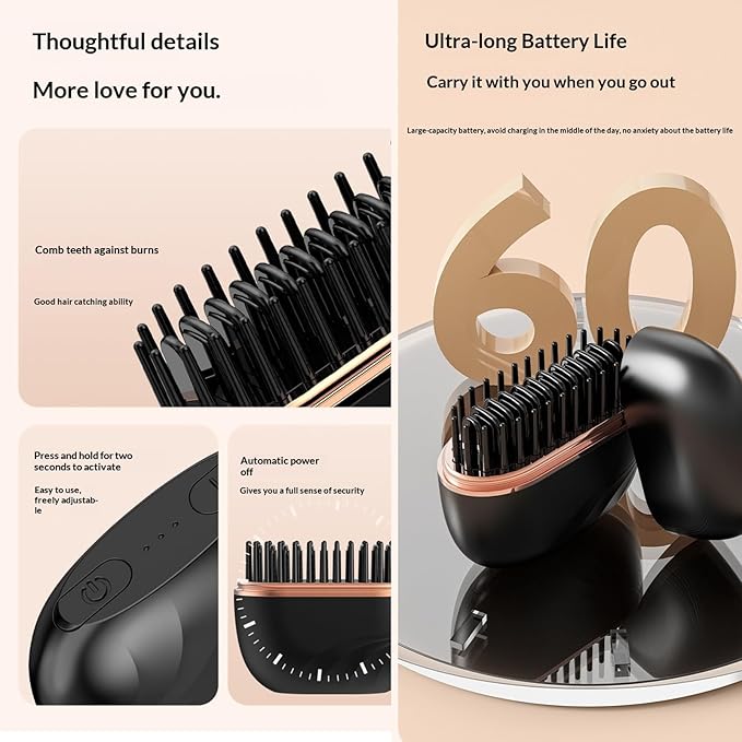 Mini Hair Straightener Brush Wireless Rechargeable Straightening Comb 3-Speed Temperature Control 30s Heating Portable Electric Hair Straightener Brush for Home and Travel (Black)