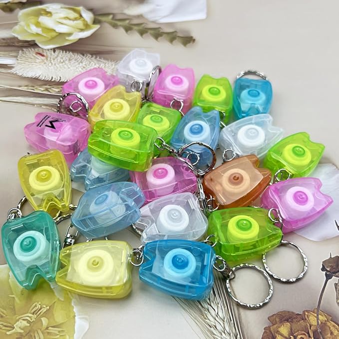 100PCS Custom Personalized Logo Dental Floss Keychain Mini Box Portable Tooth Shaped Customizable with Any Image Logo and Text for Gift Business Logo 15M Length-Random Color