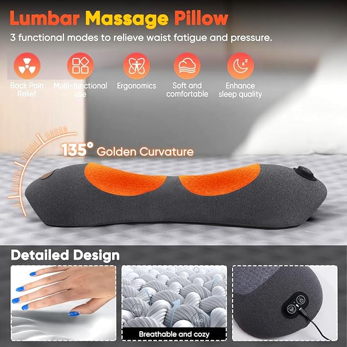 3 in 1 Back Massager Electric Lumbar Support Pillow Heat Vibration Massage Lower Back Spine Decompression Device Light Gray