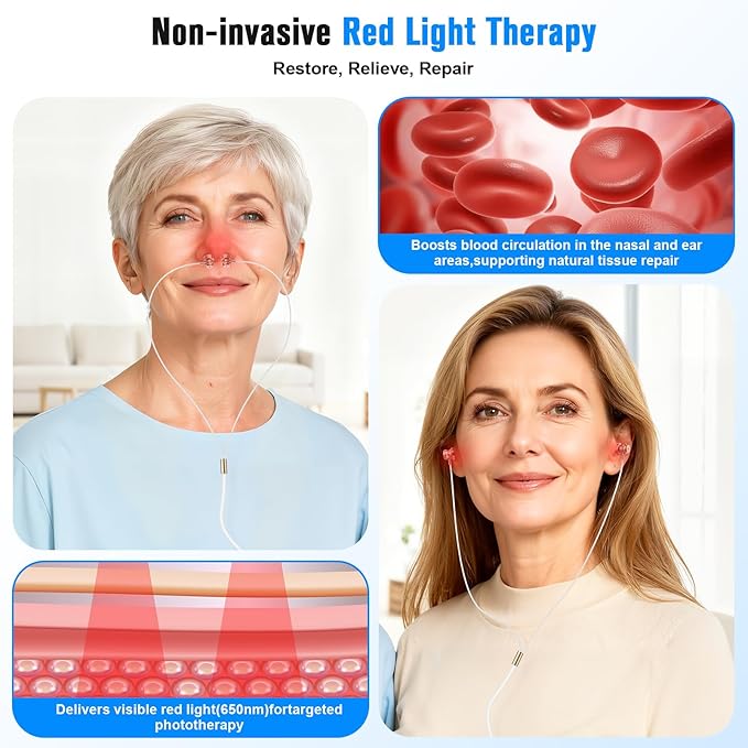 2-in-1 Red Light Therapy Device for Ears &amp Nose650nm LED for Ear ComfortSinus Support&amp Daily Relaxation with USB &amp Type-CIncludes Soft Silicone Tips and Travel Case