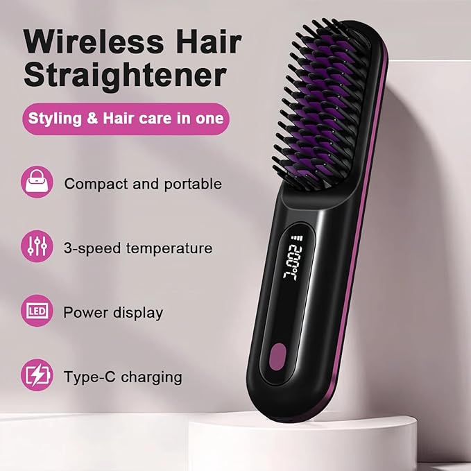 SALAN Cordless Hair Straightener Brush Portable Mini Ionic Hair Straightener with Titanium Plates USB Rechargeable Travel Straightening Comb for Short Wavy Hair Bangs &amp Quick Touch Ups (Pink)