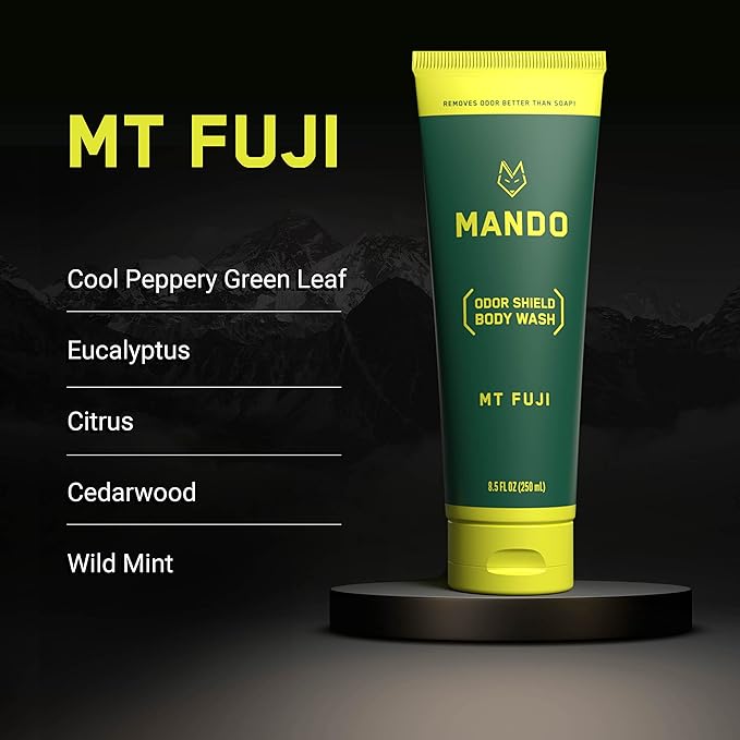 Mando Odor Shield Body Wash - Mt. Fuji and Bourbon Leather Scents - 24 Hour Control Removes Odor Better than Soap | Mt Fuji | SLS Free Paraben Free Skin Safe