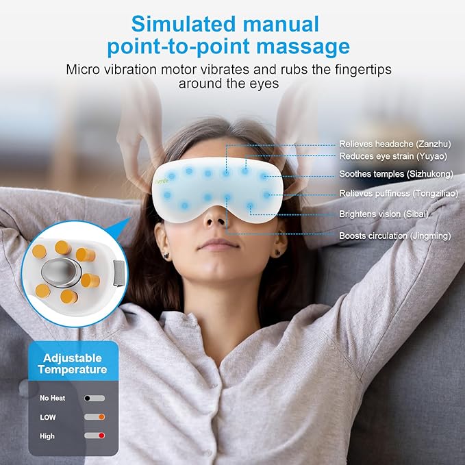 Eye Massager with Heat and Cooling Therapy Vibration &amp Bluetooth Music – 4 Adjustable Modes for Eye Fatigue Relief and Relaxation – Rechargeable Portable 2400mAh Battery