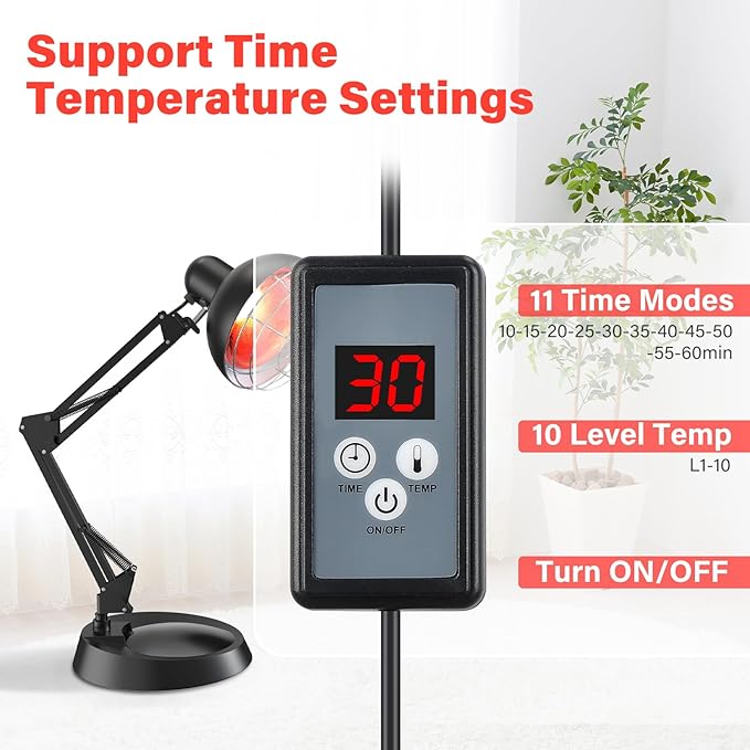 Infrared Light Heat Lamp Near Red Light Therapy for Body Muscle Joint Pain Relieve 150W Bulb with Adjustable Stand Timer