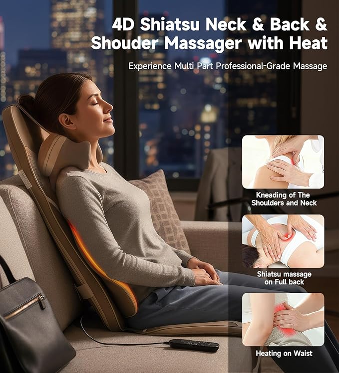 Flekzo Shiatsu Back &amp Neck Massage Chair Seat Cushion with Heat – 4D Kneading Adjustable Intensity Adjustable Neck Height Full Back Pain Relief Deep Tissue Office Chair Massager Brown