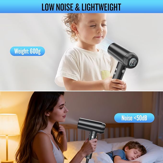 2026 Hair Dryer 200000 RPM Professional High Speed Blow Dryer with Diffuser for Women 1200M Negative Ionic Hair Dryer with Brushless Motor Low Noise Hair Blow Dryer for Home Travel Salon Black