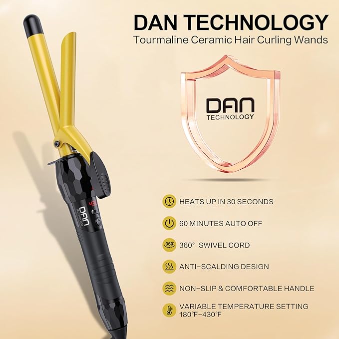 DAN Technology 5/8 Inch Curling Iron Wand Tourmaline Ceramic Hair Curler with LCD Display (180°F–430°F) Fast Heating Dual Voltage Auto Shut-Off Black &amp Gold