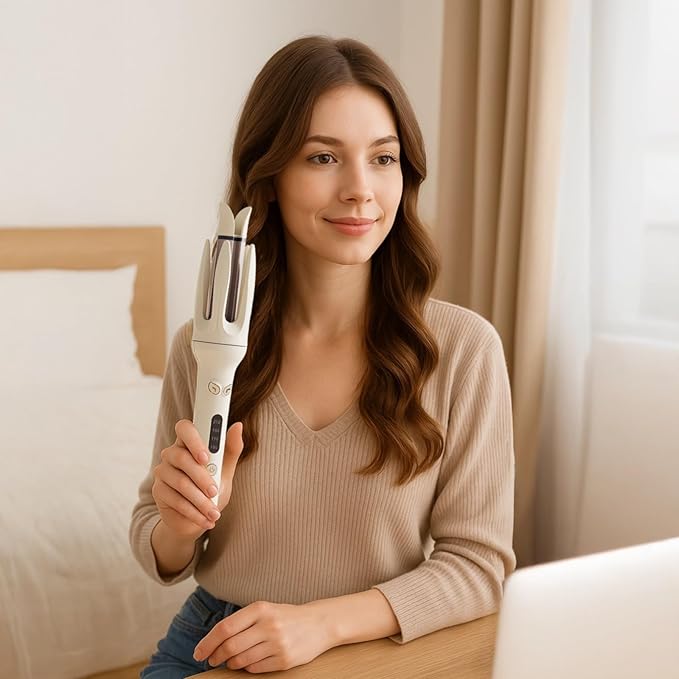 Automatic Curling Iron 11.8 in Rotating Wand with 4 Heat Settings Anti-Scald Beige Ceramic - for All Hair Types