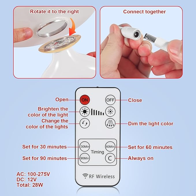 Mushroom Red Light Lamp for Sleep 670nm Deep Sleep Red Night Light - 4 Color and 5 Dimmable Remote Control with 30-90min Timer Bedroom LED Nightstand Lamp Glass Shade White Ceramic Base