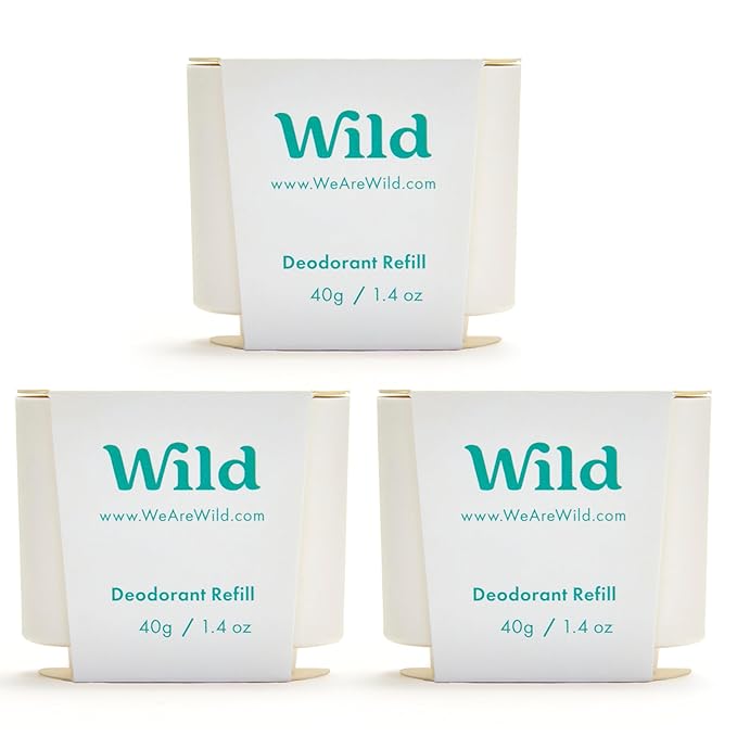 Wild Aluminum Free Refillable Deodorant - Fresh Cotton &amp Sea Salt Refill Trio Pack - 98% Natural Origin Derived Ingredients - Vegan Friendly Long Lasting Protection - Zero Single Use Plastic