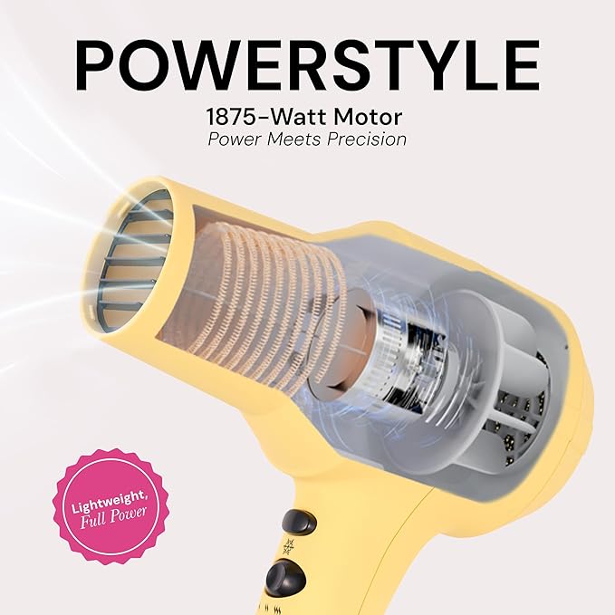 L'ANGE HAIR PowerStyle Turbo Ionic Hair Dryer | 1875 Watt Professional Blow Dryer with Diffuser &amp Concentrator | Multiple Heat &amp Speed Settings for Fast Drying | Salon-Grade Styling Tools Yel