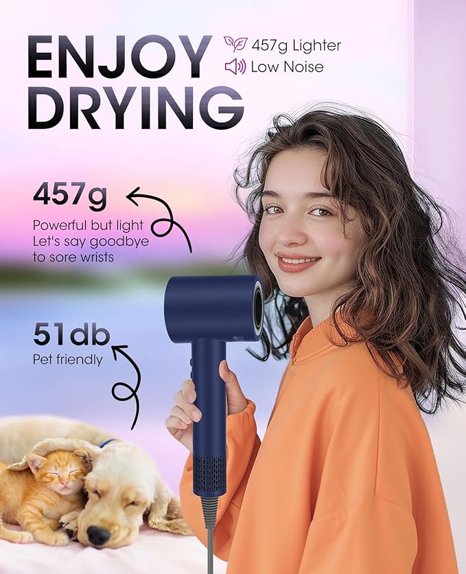 Hair Dryer110000 RPM High-Speed Brushless Motor for Fast Drying with HD Digital Display Low Noise Compact Hair Blow Dryer for Curly Hair for Home Travel Salon #201Purple Blue
