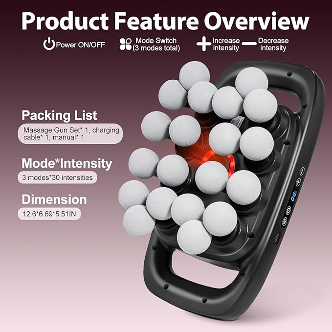 20-Head Massage Gun Set Deep Tissue Portable Percussion Massager with 3 Modes &amp 30 Intensities Muscle Massager for Legs Waist Back Pain Relief Quiet Electric Massage Tool for Home &amp Gym