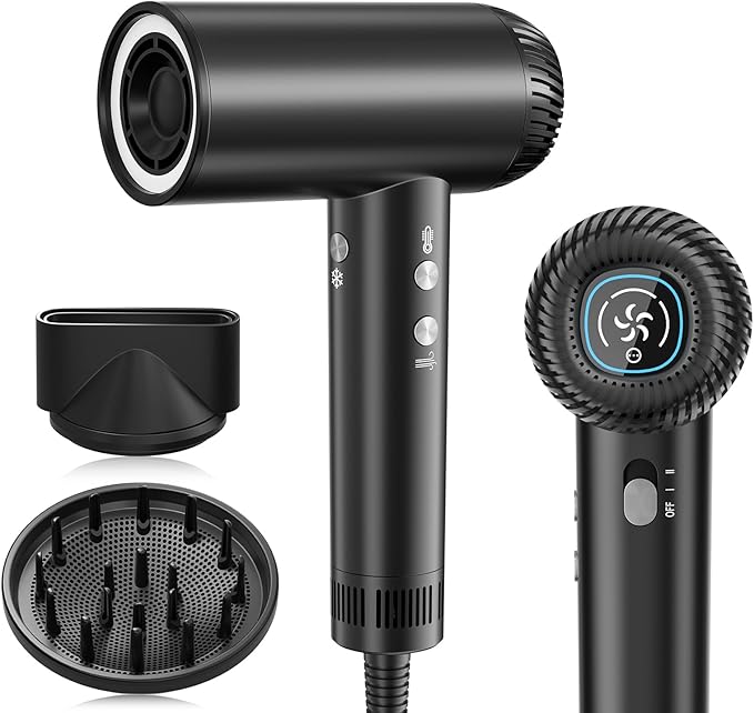 2026 Hair Dryer 200000 RPM Professional High Speed Blow Dryer with Diffuser for Women 1200M Negative Ionic Hair Dryer with Brushless Motor Low Noise Hair Blow Dryer for Home Travel Salon Black