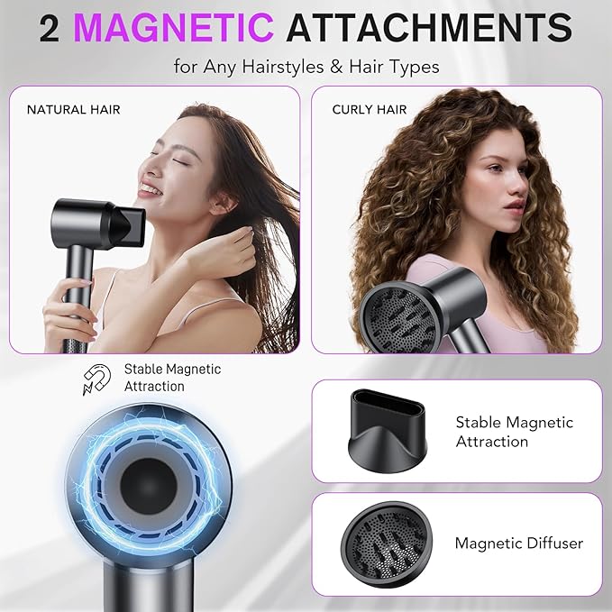 aowoka Hair Dryer 160000 RPM Professional High Speed Ionic Blow Dryer 500 Million Negative Ions &amp Heat-Control &amp Low Noise Hairdryer for Faster Drying No Heat Damage Travel with Diffuser（Gr