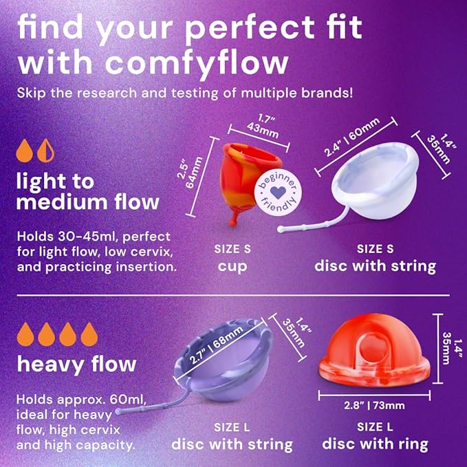 Comfyflow - Reusable Period Care Pack - Menstrual Cup and Discs with String Ring and Carrying Pouch - Comfort-Fit Design - Includes E-Book Guide - 5 Pack
