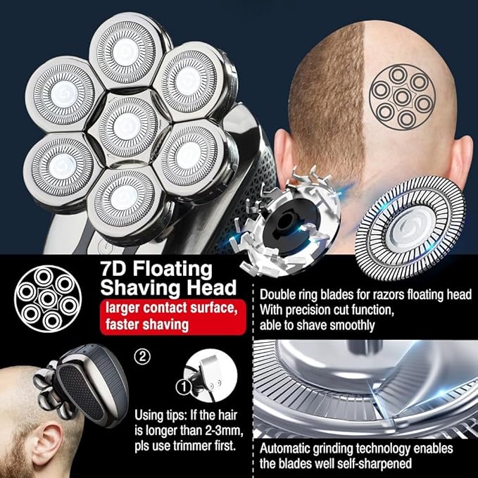 Head Shaver for Men 5 in 1 Men's Shaver Trimmer for Men Electric Shaver 7D Independently Razor Wet and Dry Hair Cutting Machine with Clipper