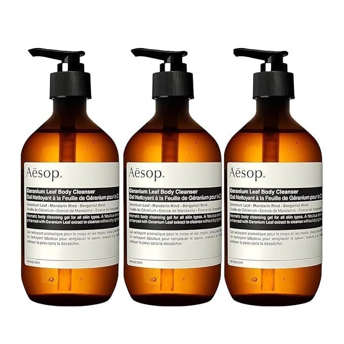 Aesop Geranium Leaf Body Cleanser | Gentle Shower Gel with Geranium Mandarin and Bergamot Essential Oil Blend to Refresh &amp Balance Skin | 500 mL / 16.9 oz (Pack of 3)