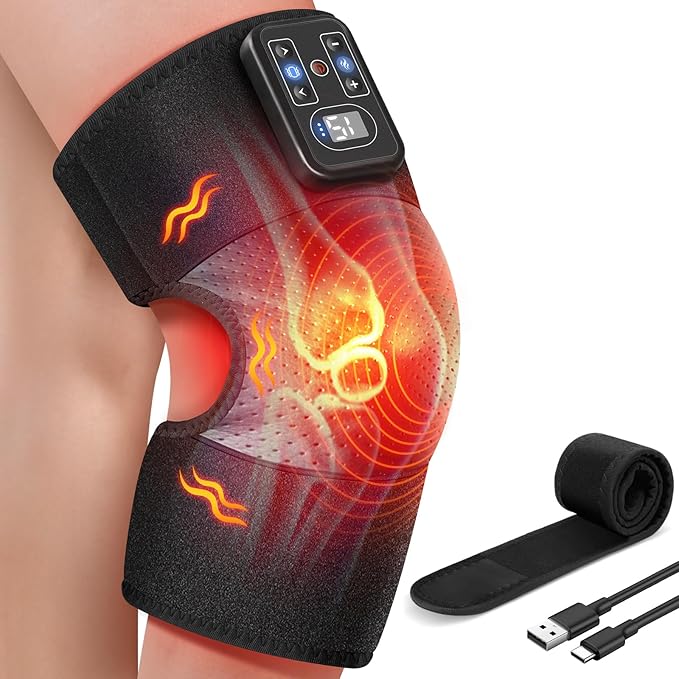 Cordless Knee Massager with Heat Vibration Heating Pad for Pain Relief 3 Vibrations &amp 5 Heating Levels Shoulder Brace Knee Brace Wrap Gifts for Dad Mom Men Women Seniors (Black Single)