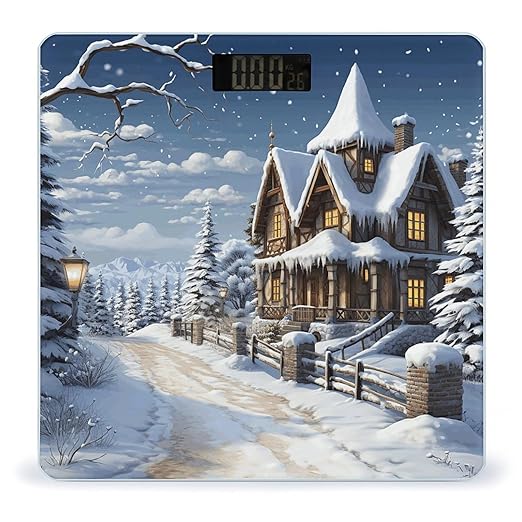 Christmas Winter Happy Scene Scale for Body Weight Safe Rounded Corners Tempered Glass Digital Bathroom Scale LED Display 400lb Capacity Weight Scales with High Precision Sensors