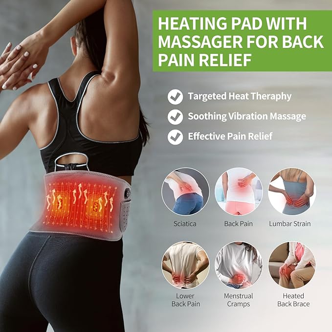 Wireless Heating Waist Belt with 8000mAh Battery 3 Vibration Modes &amp 3 Heat Levels Cordless Back Massager with Extension Strap for Lower Back Cramps Lumbar Support Office &amp Travel Use