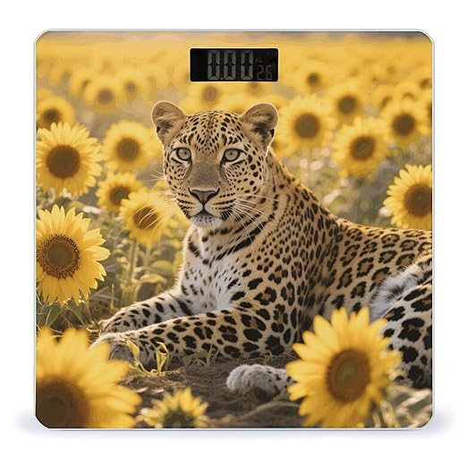 Sunflower Leopard Weight Scale Large Digital Bathroom Scales with Bright LED Display Non Slip Digital Scale and Step On Fashion Weighing Machine for Body