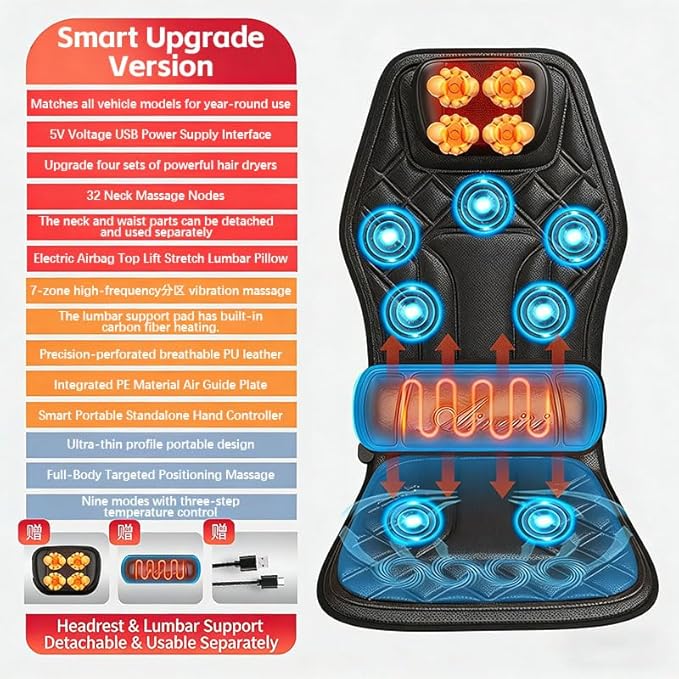 Multi-Functional Heating and Vibration Neck and Back Massager car Neck and Back Massage Cushion seat Cushion Portable Massage seat Cushion. A Gift for Parents