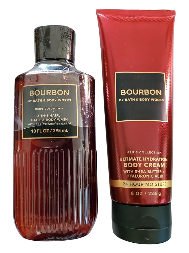 Bath &amp Body Works Men's Bourbon 3-in-1 Hair Face &amp Body Wash Shower Gel and Body Cream 2 Piece Set