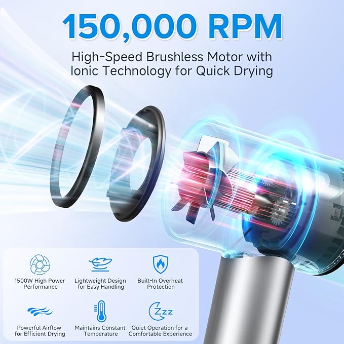 Hair Dryer 150000 RPM Brushless Motor Ultra-Fast Drying with 3 Heat Settings &amp LED Lights High-Speed Ionic Blow Dryer Low Noise Lightweight with Diffuser &amp Nozzle for Home Salon Travel