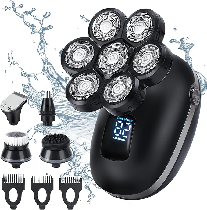 Electric Head Shaver for Bald Men Waterproof 7D Blad Head Shaver 5 in 1 Cordless Razorfor Wet&ampDry Rechargeable Grooming Kit with Beard Clippers Nose Trimmer