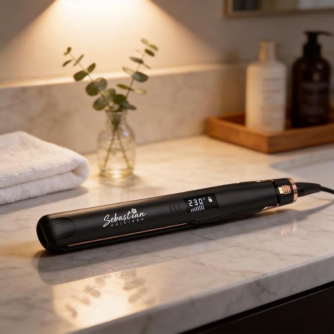 Flat Iron Hair Straightener and Curler 2-in-1 – Ceramic &amp Titanium Slim Plates – Dual Voltage – Professional Anti-Frizz Styling Tool – Sebastian Hair Iron