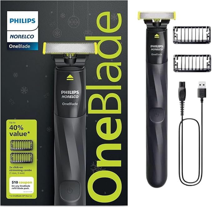 Philips OneBlade Trimmer &amp Shaver Trim &amp Shave Any Length with Extra Skin Protection Dual-Sided Blade Waterproof Body Electric Razor USB Charging 2 Stubble Combs Included