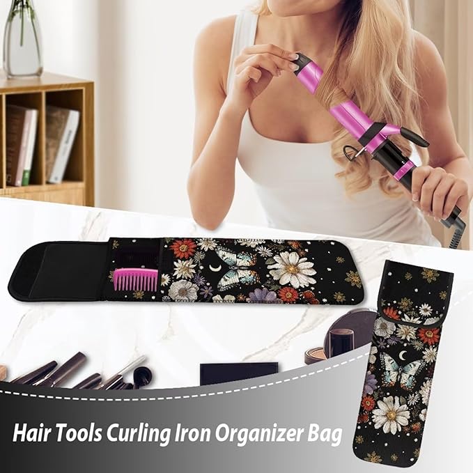 GLENLCWE Butterfly Daisy Hair Straighteners Case Storage Bag Heat Resistant Neoprene Curling Iron Holder Travel Case Portable Curling Iron Organizers Hair Accessories 2 PCS