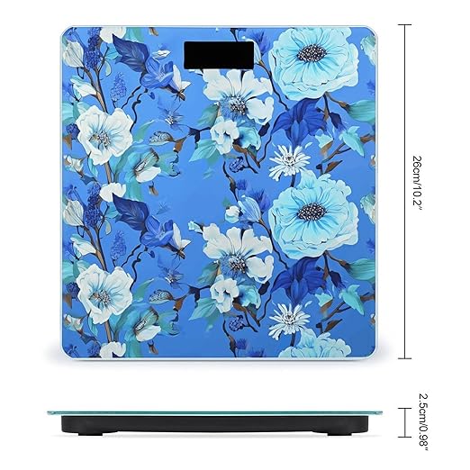 Blue Floral Scale for Body Weight Anti-Slip Tempered Glass Digital Bathroom Scales Clear LCD Display Weighing Scale Safe Rounded Corners Smart Scales
