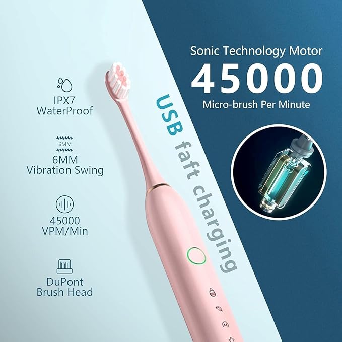 X-3 Electric Sonic Toothbrush with 2 Minute Smart Timer 30s Pause Reminder 45000 VPM 6 Modes 3 Replacement Brush Heads IPX7 Waterproof USB Fast Charging Black