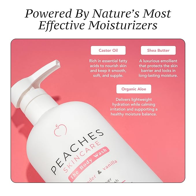 Peaches Skin Care Body Wash with Lavender and Vanilla - Gentle Sulfate-Free Cleanser for Soft Smooth-Looking Skin - Daily Body Wash for Men and Women 16 oz