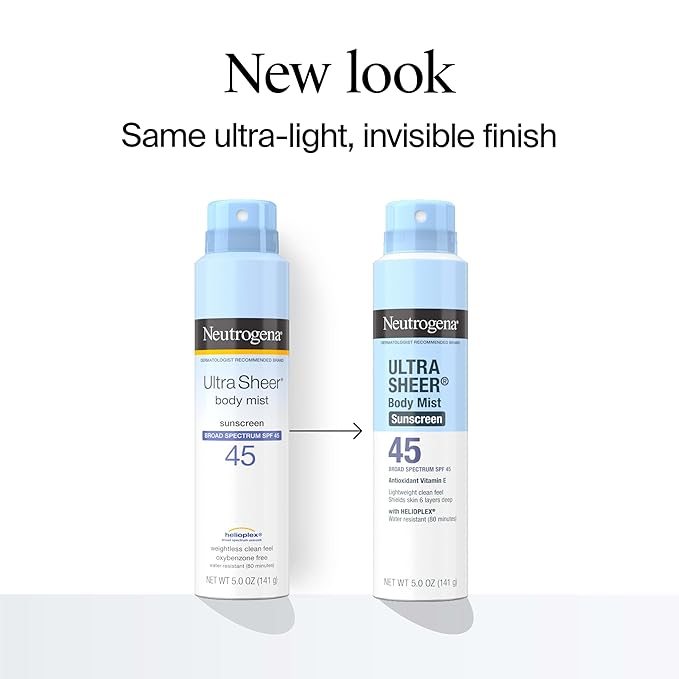 Neutrogena Ultra Sheer Sunscreen Spray SPF 45 Body Mist Lightweight Non-Greasy Broad Spectrum UVA/UVB Protection Oil-Free &amp Non-Comedogenic Water Resistant Spray Sunscreen (80 min) Pack of 3 5