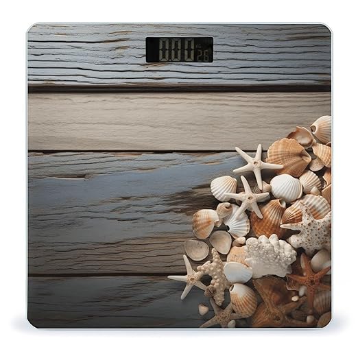 Seashells on Wooden Board Scale for Body Weight Anti-Slip Tempered Glass Digital Bathroom Scales Clear LCD Display Weighing Scale Safe Rounded Corners Smart Scales