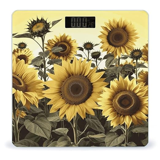 Yellow Sunflower Floral Scale with LCD Easy-to-Read Anti-Slip Weight Digital Bathroom Scale Precision Weighing Scales Sturdy Tempered Glass Body Weight Scales for Daily Use